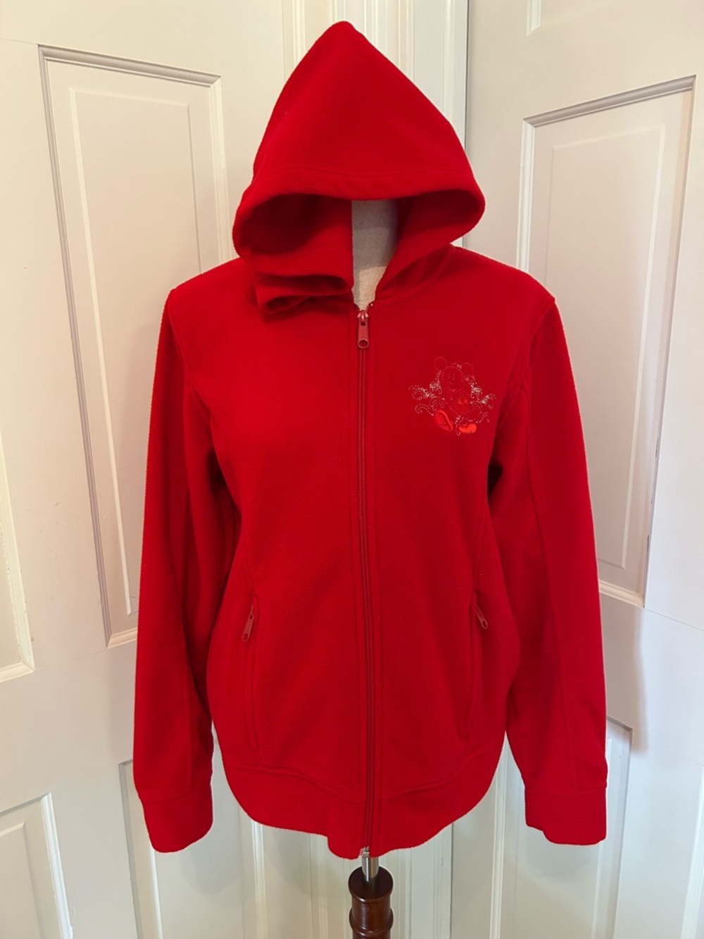 VTG Walt Disney World Hoodie Zip Jacket Red Fleece‎ Mickey Mouse Y2K Parks M